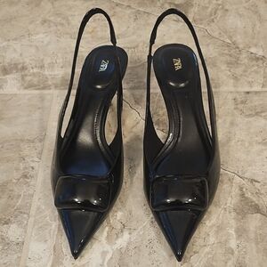 Zara Glossy Black Pointed Slingback Heels